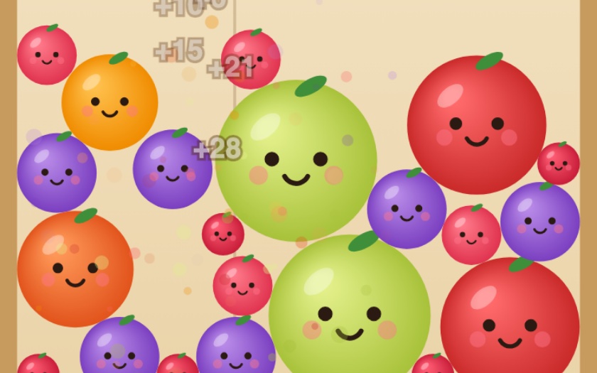 Fruit Merge gameplay with smiling fruit stacked in a jar