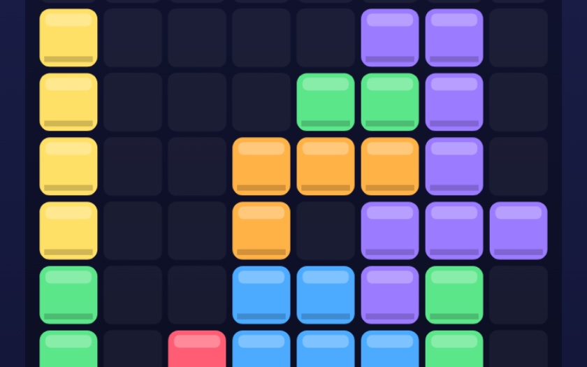 Grid Blast gameplay with coloured blocks on an 8 by 8 grid
